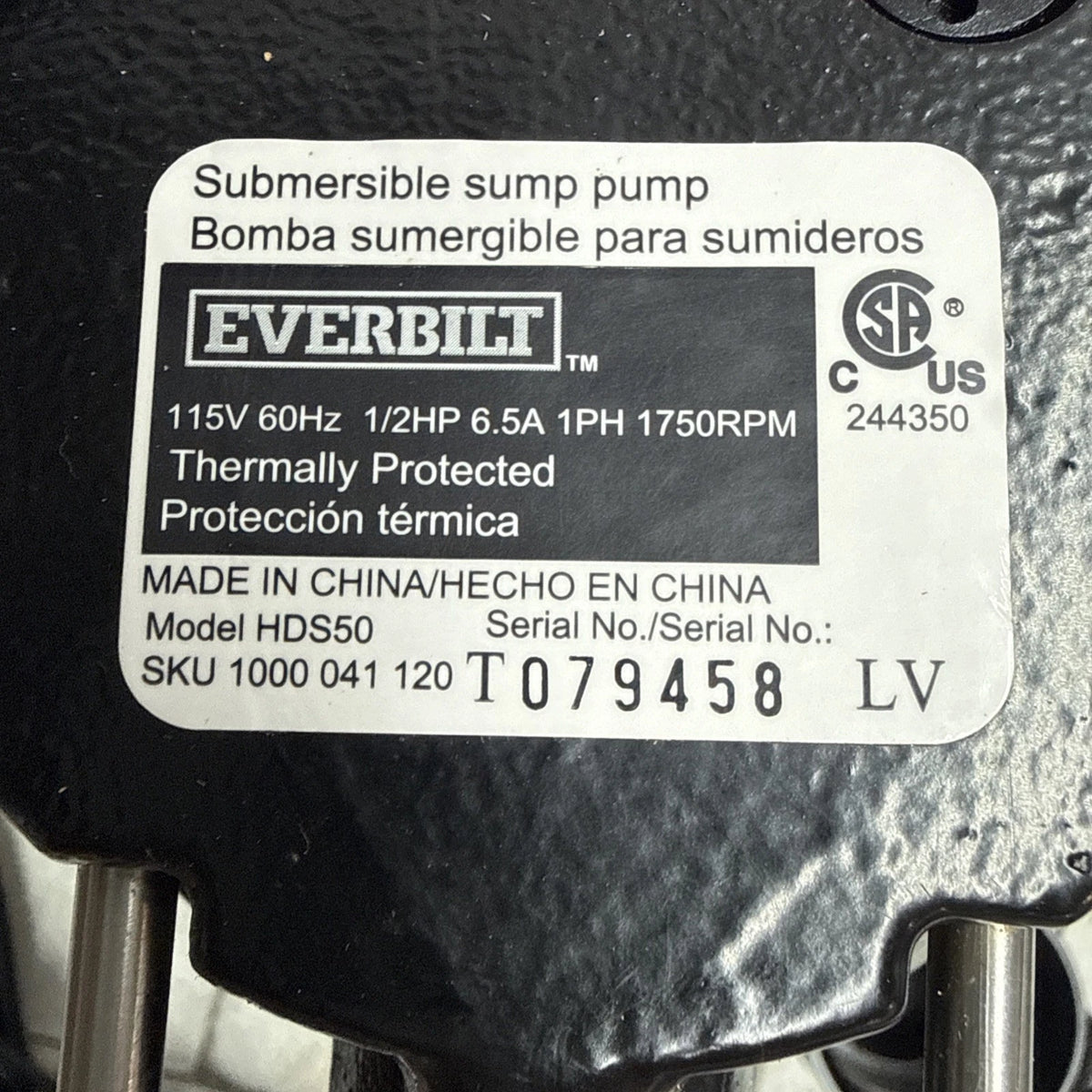 Everbilt HDS50 1/2 HP Cast Iron Submersible Sump Pump Used Good Condition