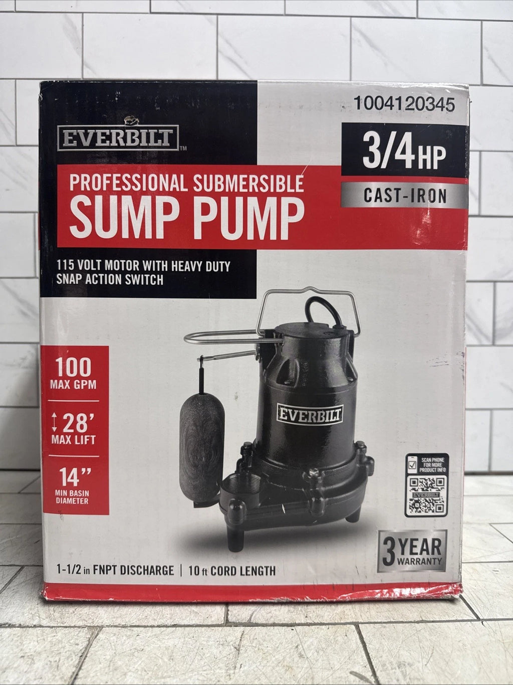 Everbilt HDS75 - 3/4HP Cast-Iron Pro-Grade Submersible Sump Pump New Open Box