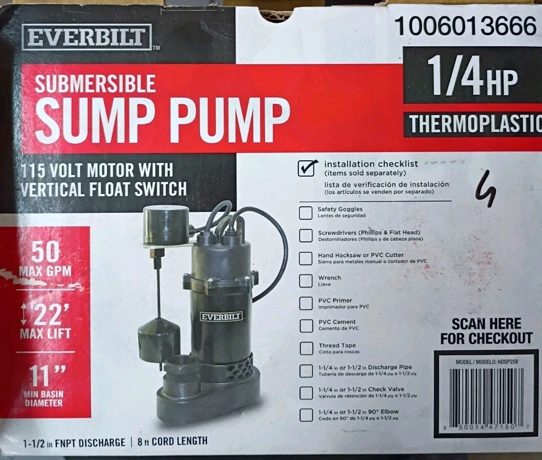 Everbilt HDSP25V 1/4 HP Aluminum Submersible Sump Pump Vertical Switch, OPEN BOX