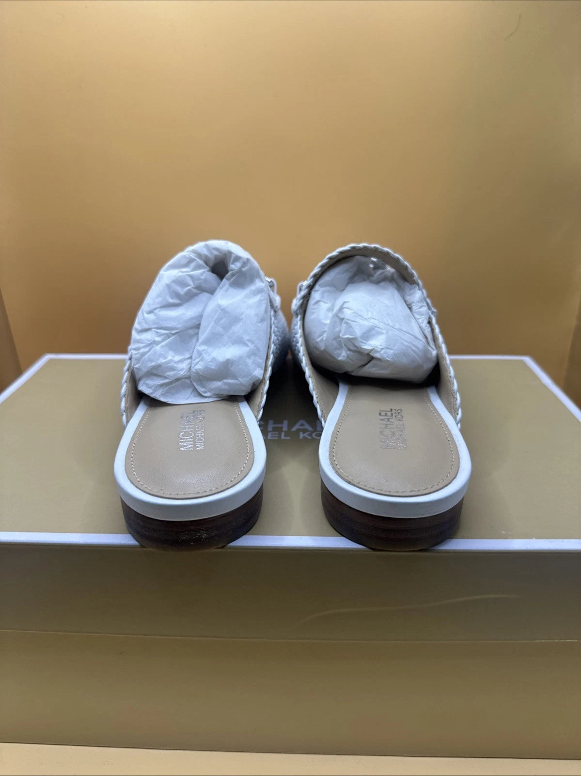 Michael Kors Napa Charlton Slide Mules Woven White Buckle Loafers Women US 5M
