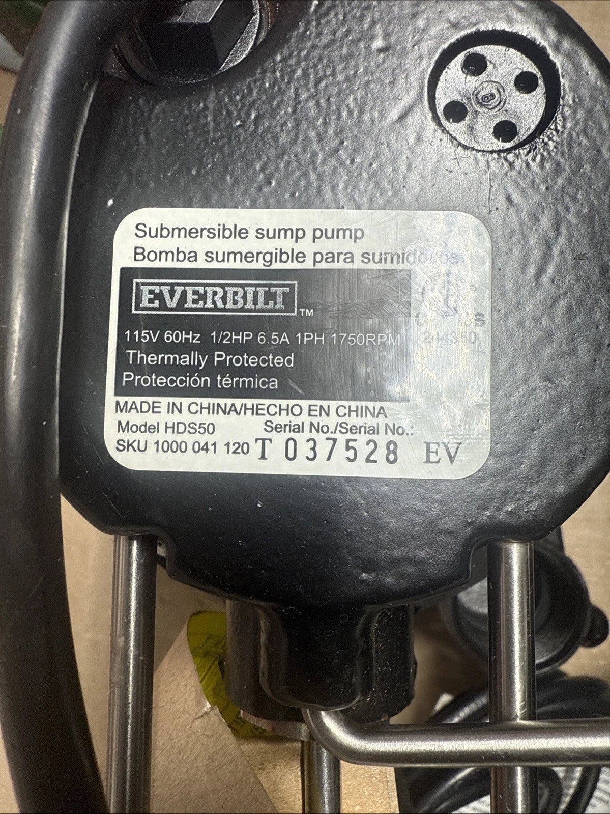 Everbilt 1/2 HP. Cast Iron Sump Pump Model # HDS50 OPEN BOX.