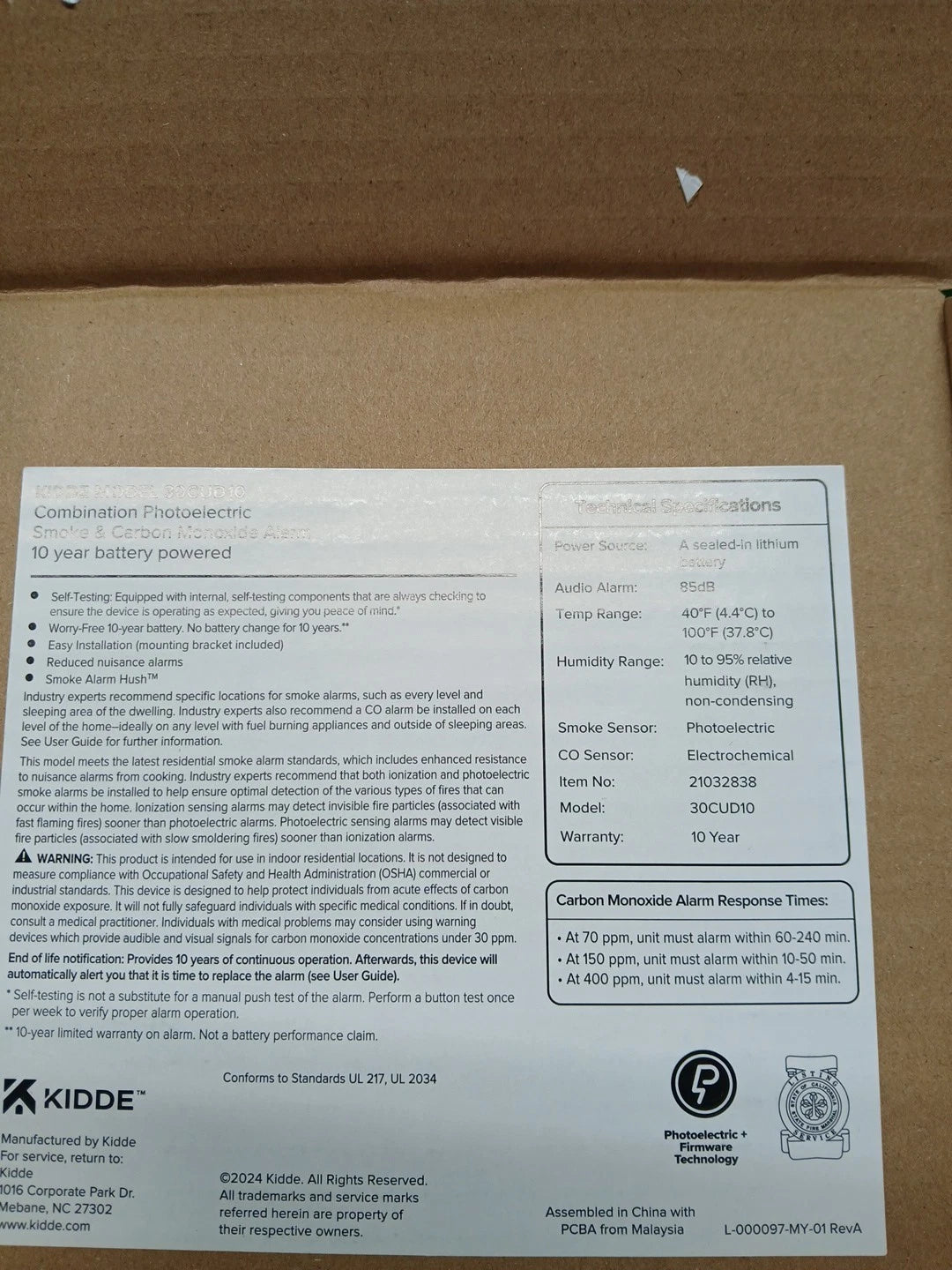 Kidde Smoke & CO Detector, 10-Year Battery, LED Warning Indicators 30CUD10..