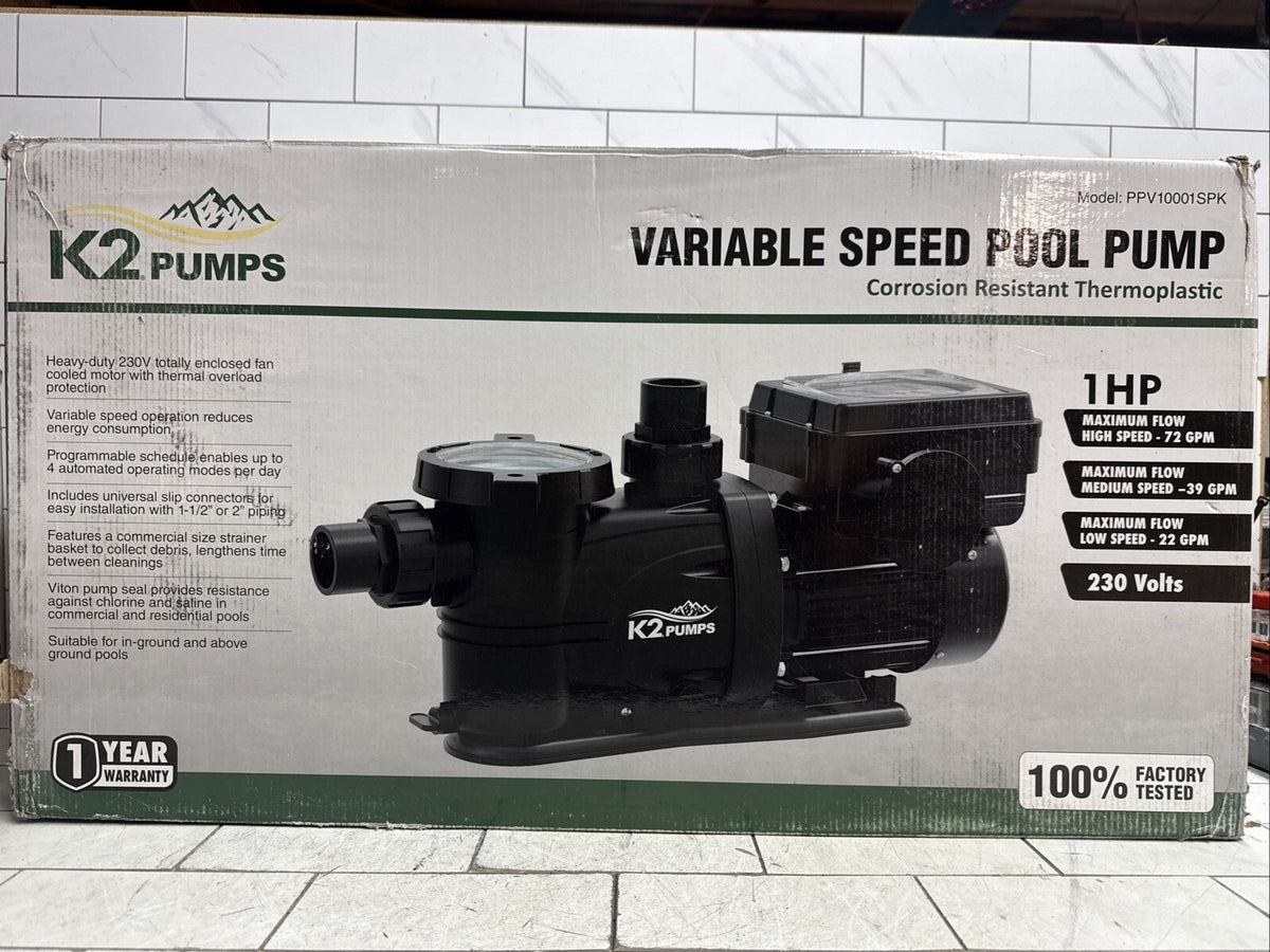 K2 Pumps Pool Pump 1 Hp Variable Speed 230 Volt Doe & Cec Compliant New Open Box