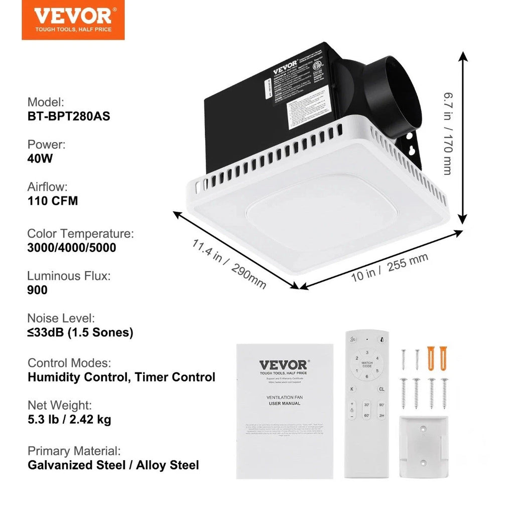 Bathroom Exhaust Fan 80-110 CFM High-Efficiency Ventilation 1.5 sones Low Noise