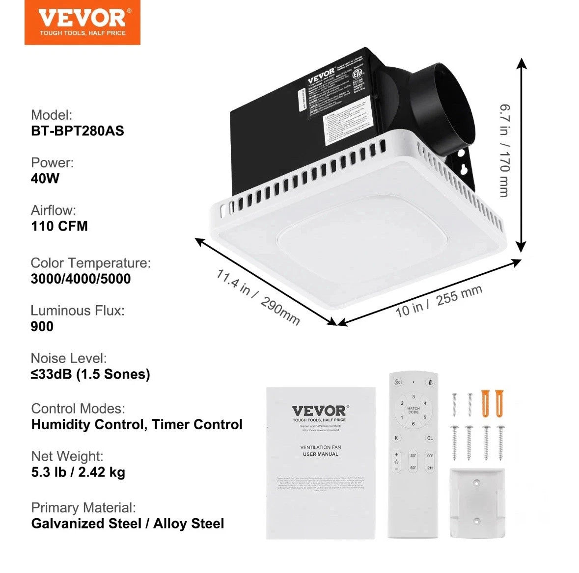 Bathroom Exhaust Fan 80-110 CFM High-Efficiency Ventilation 1.5 sones Low Noise