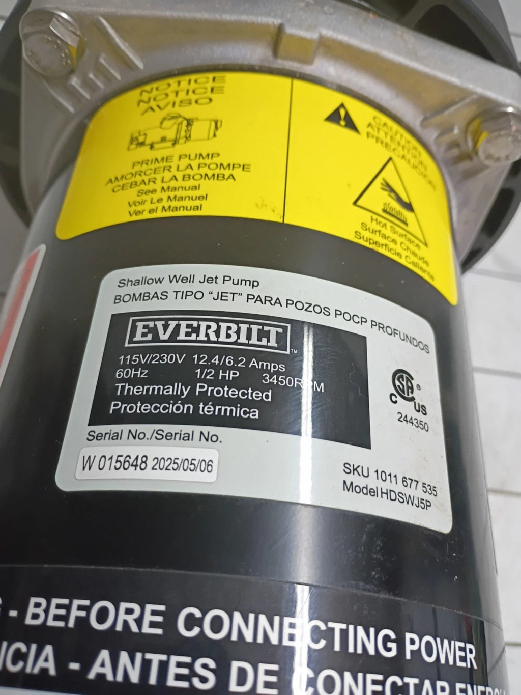 Everbilt HDSWH5P 1/2 HP Plastic Shallow Well Jet Pump New Open Box