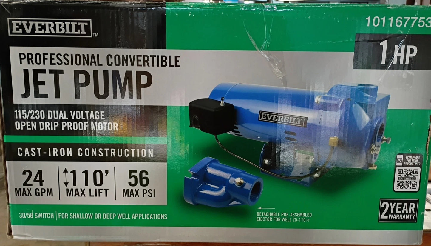 Everbilt HDCWJ10, 1 HP Professional Convertible Jet Pump 24 GPM, OB, Parts Only,