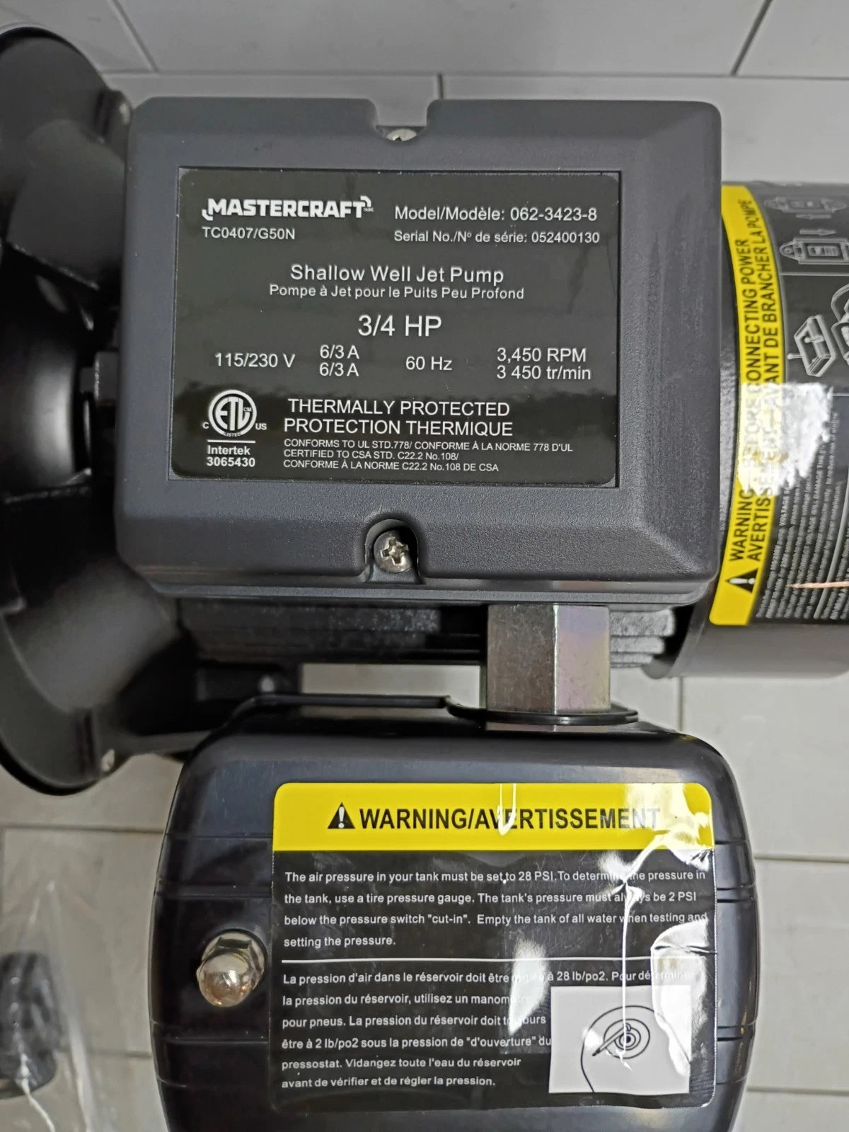 Mastercraft 3/4 HP Shallow Well Jet Pump Ships Fast Stainless Steel OPEN BOX