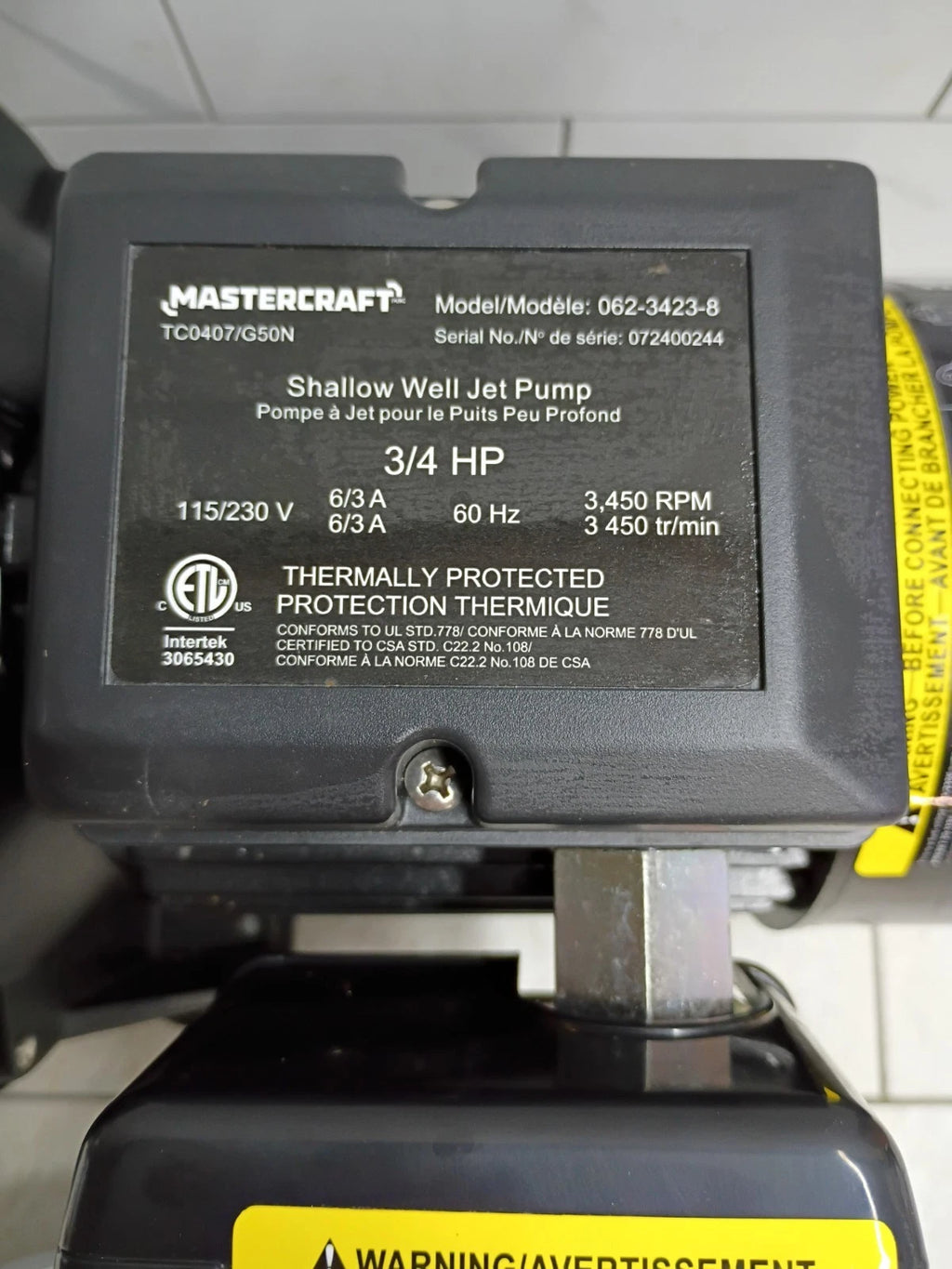 Mastercraft 3/4 HP Shallow Well Jet Pump Ships Fast Stainless Steel Parts Only