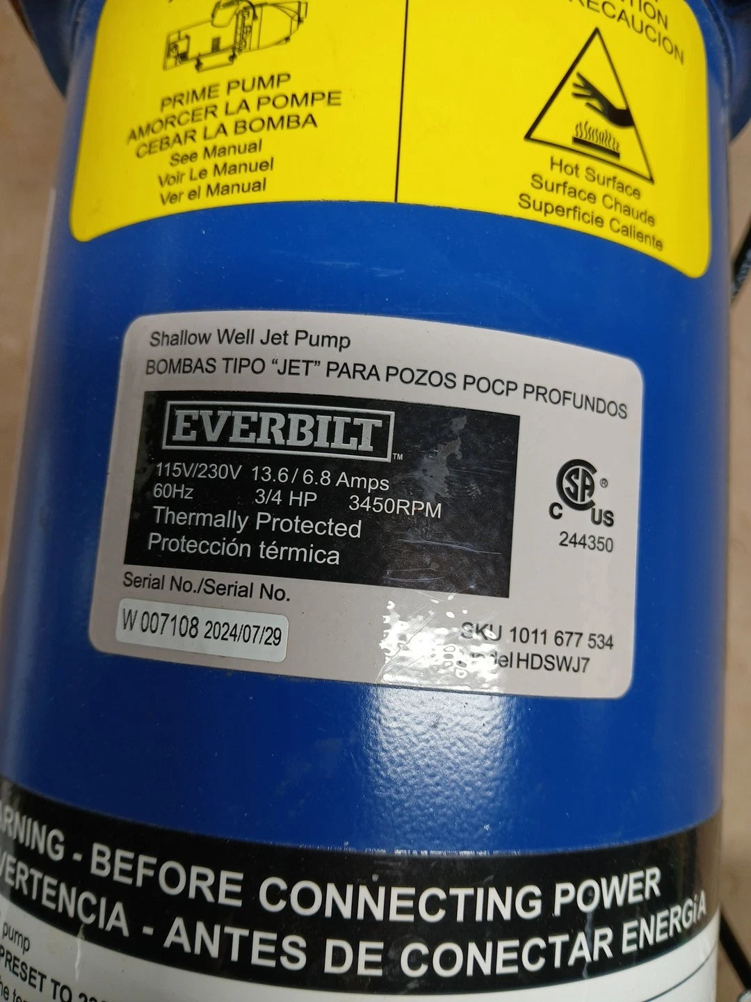 Everbilt 3/4 HP Cast Iron Shallow Well Jet Pump HDSWJ7 as is, For Parts