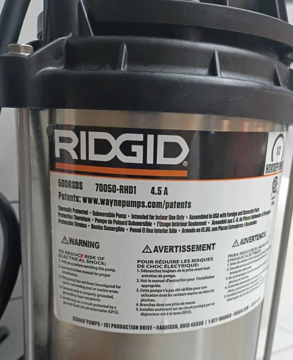 Ridgid500RSDS 1/2 HP Stainless Steel Dual Suction Sump Pump, Open Box.