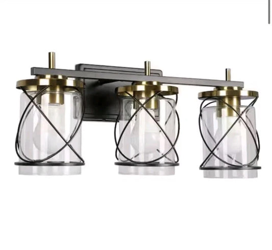 BICIK 20.4 in. 3-Light Black Gold Bathroom Vanity Light Iron Shade Style Glass