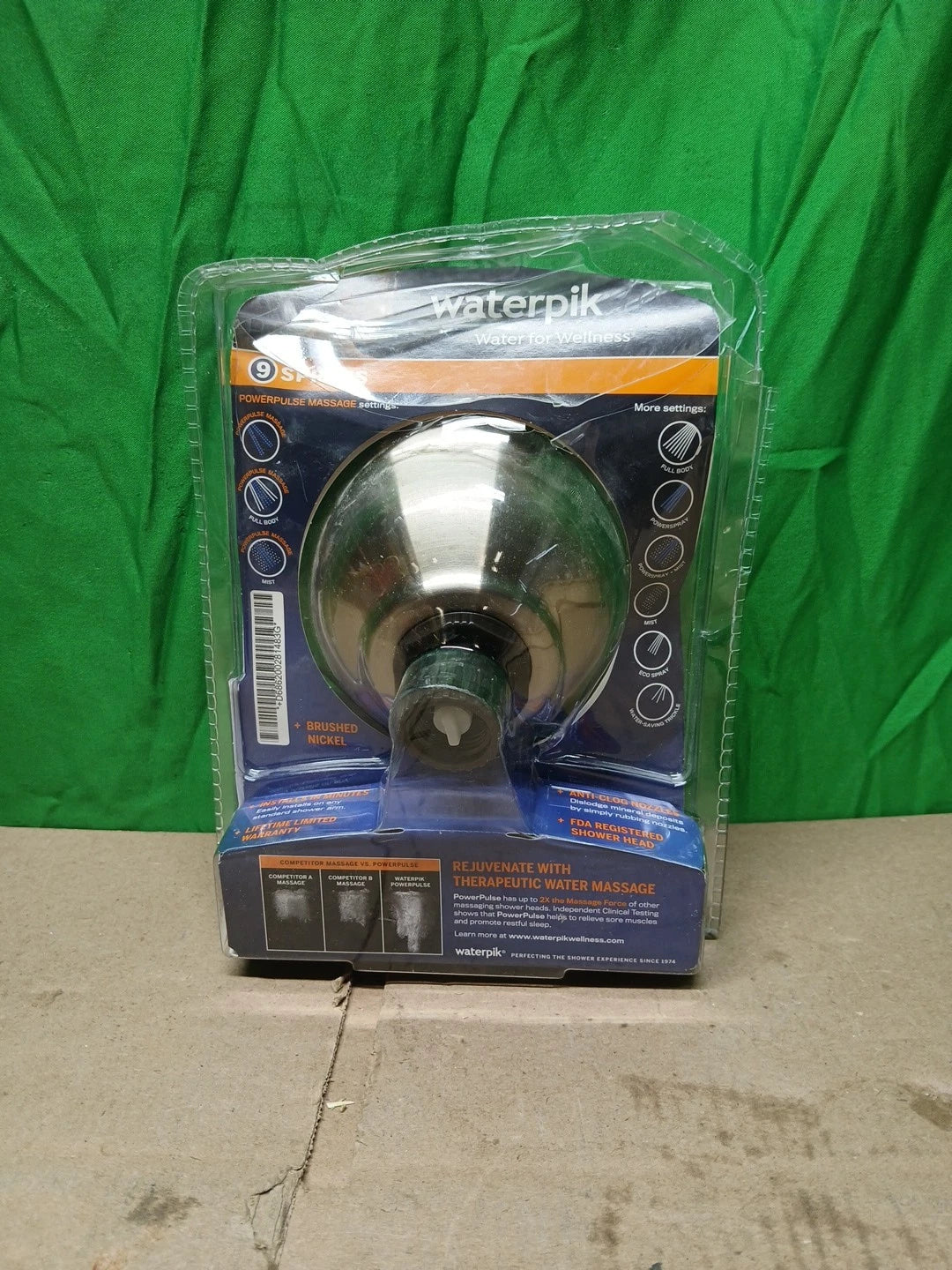 Waterpik 9 Spray 4.5” SingleWall Mount Low Flow Fixed Adjustable Brushed Nickel.