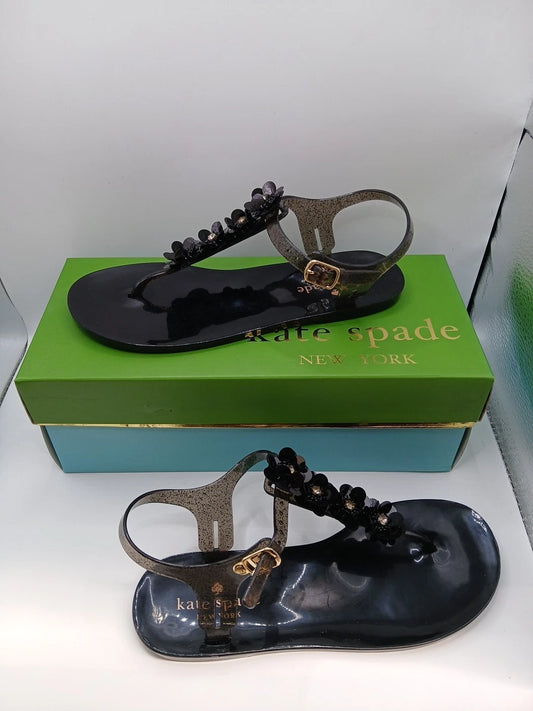 Kate Spade Black Sandals Women Size 6m Thong Style With Flower Detail