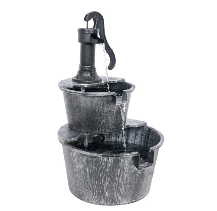 27" Rustic Outdoor 2-Tier Barrel Pump Water Fountain Soothing Cascading Water OB