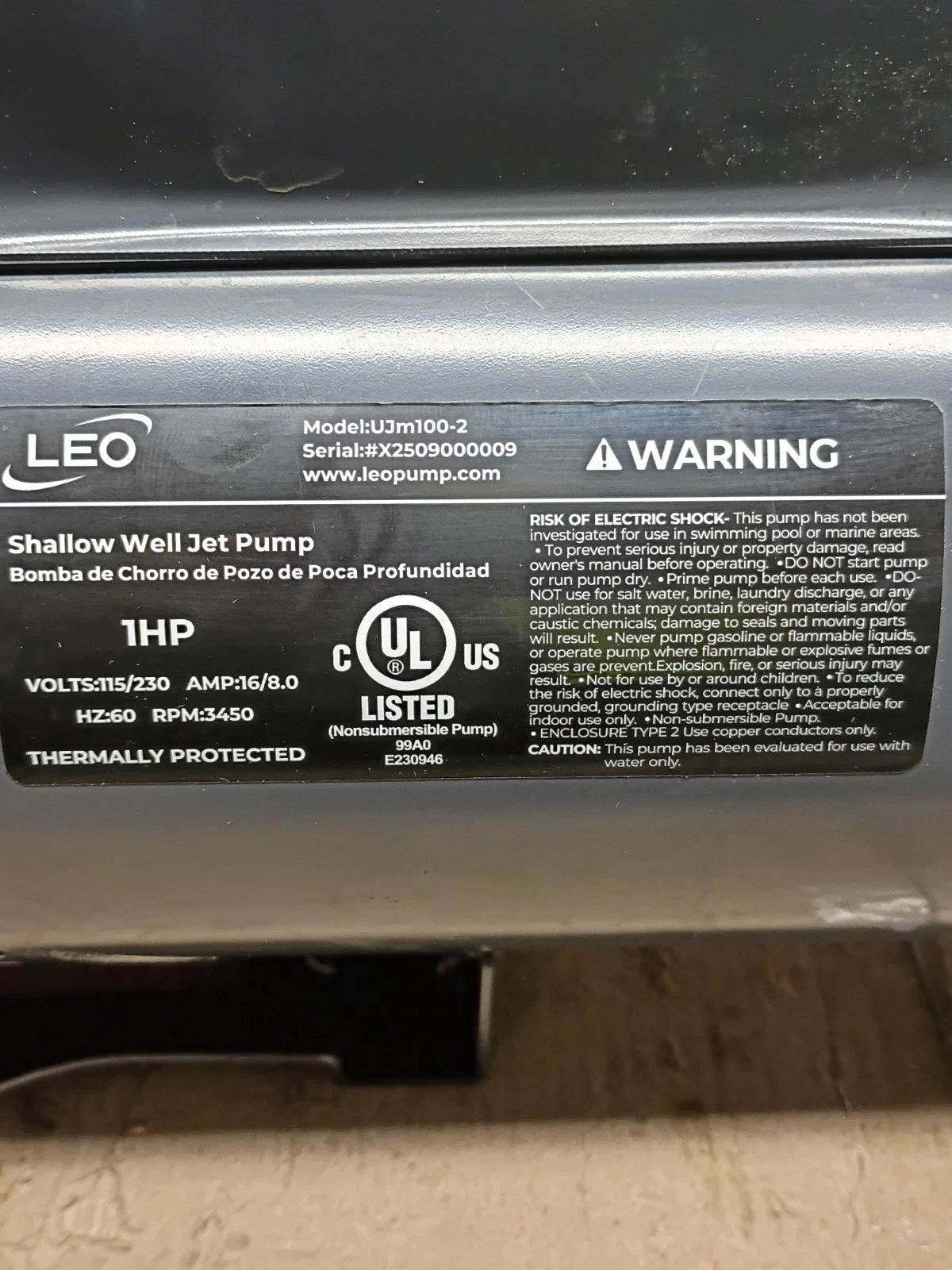 LEO UJm100-2, 1 HP Shallow Well Jet Pump, Open Box