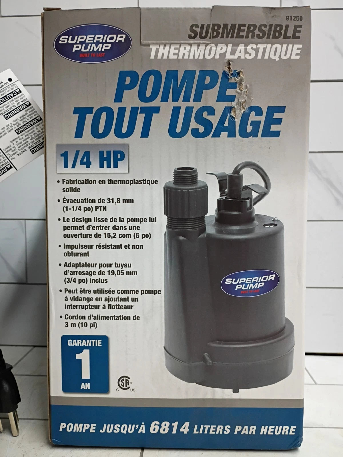 Barracuda 1/4 HP Thermoplastic Submersible Utility Pump 1800 GPH Open Box