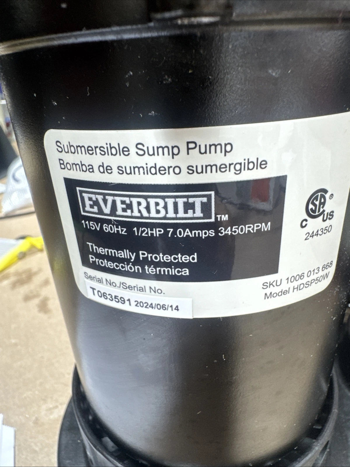 Everbilt HDSP50W 1/2 HP Submersible Aluminum Sump Pump with Tethered Switch OB