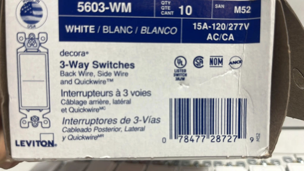 Leviton 05603-WM White 15A 277V 3-Pole 3-Way Rocker Switch 4.2 H x 1.3 W in.