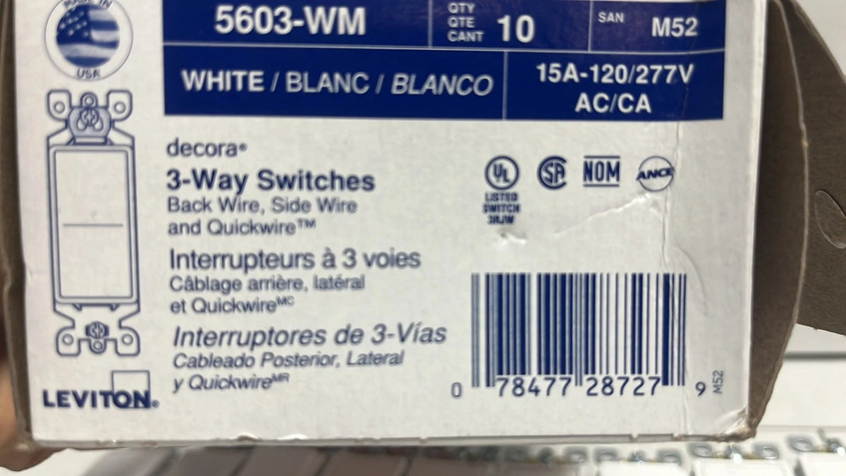 Leviton 05603-WM White 15A 277V 3-Pole 3-Way Rocker Switch 4.2 H x 1.3 W in.