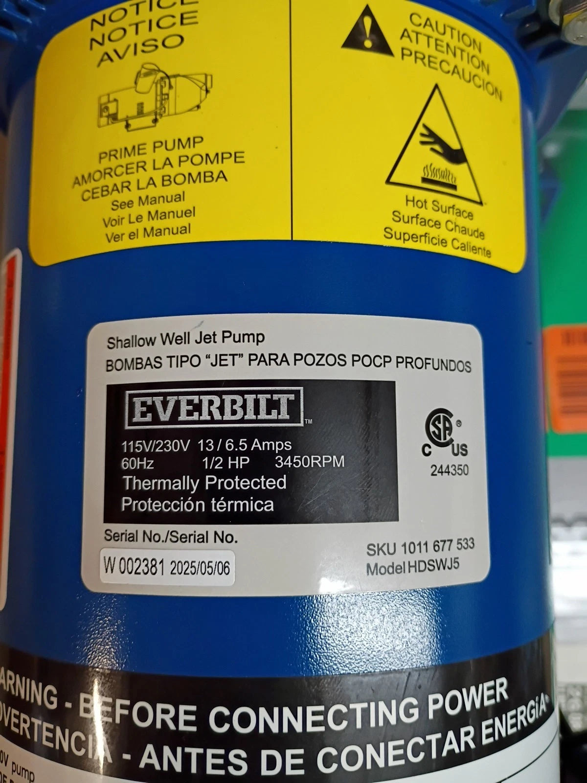 Everbilt Shallow Well Jet Pump Cast Iron 1/2HP HDSWJ5 (Read Description)