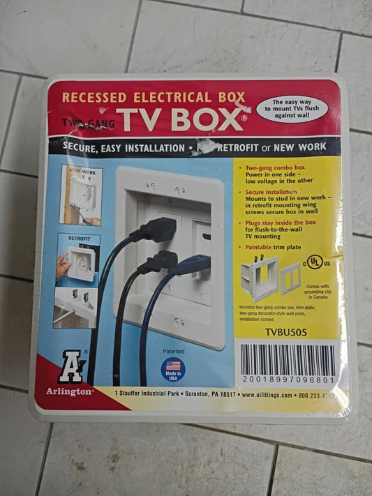 Arlington TVBU505-1 Recessed TV Box Wall Plate Kit Paintable 2-Gang, White New