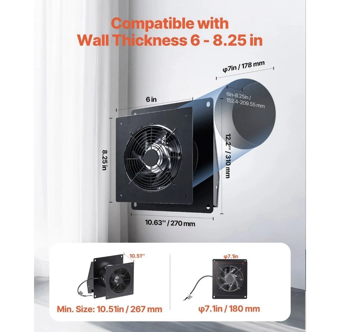 6 inch Exhaust Fan Ventilation Extractor Fan Through The Wall 205 CFMn AC Motor