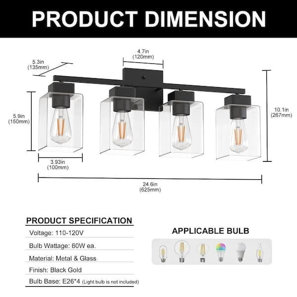 25 in. 4-Light Matte Black Vanity Light with Square Glass Shades-Modern Bathroom
