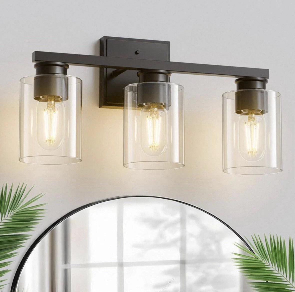 Briignite 18 in. 3-Light Black Vanity Light with Cylinder Clear Glass Shades…