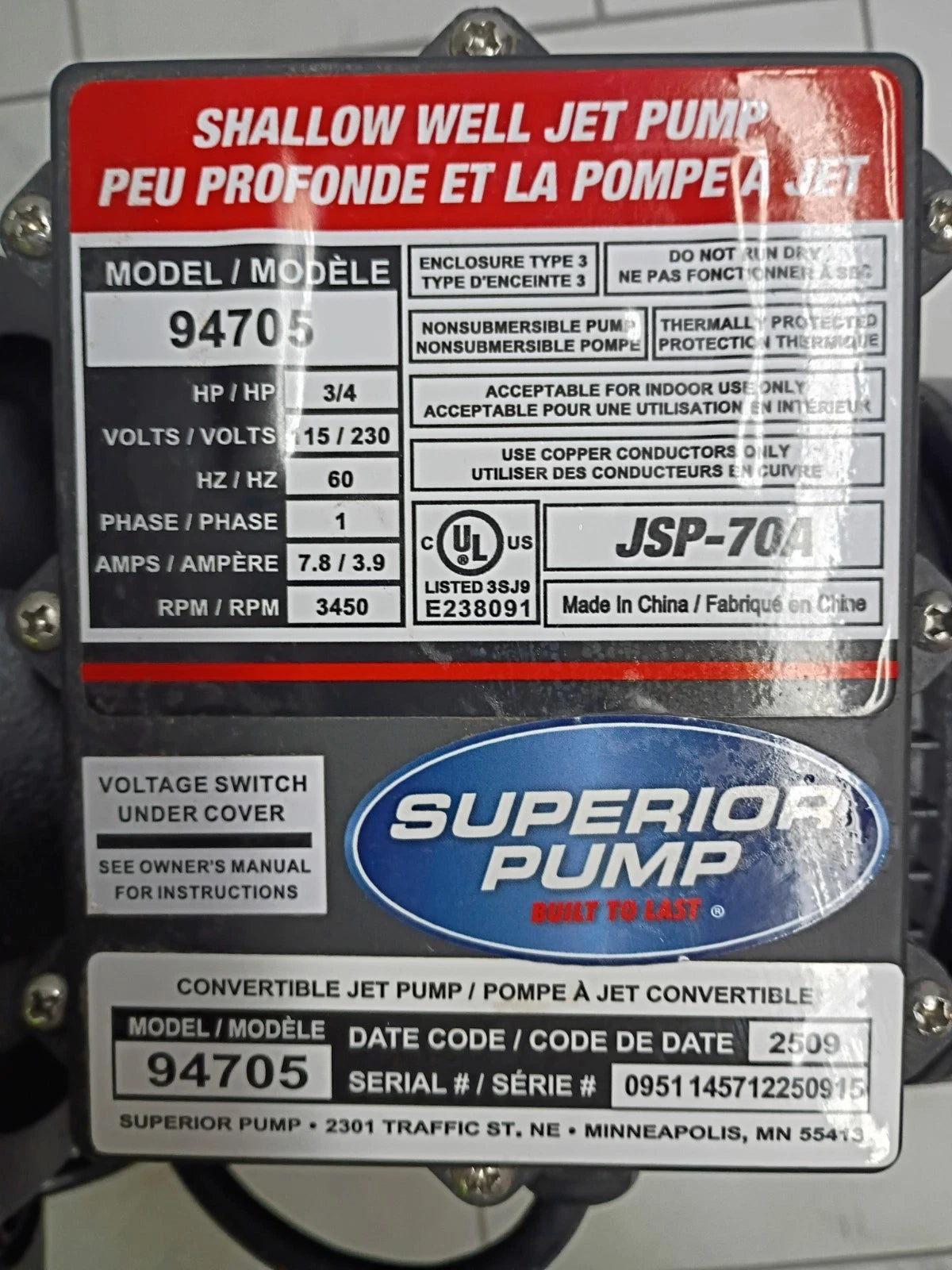Superior Pump 94705, 3/4HP Shallow Well Jet Pump 115/230V CAST IRON OPEN BOX