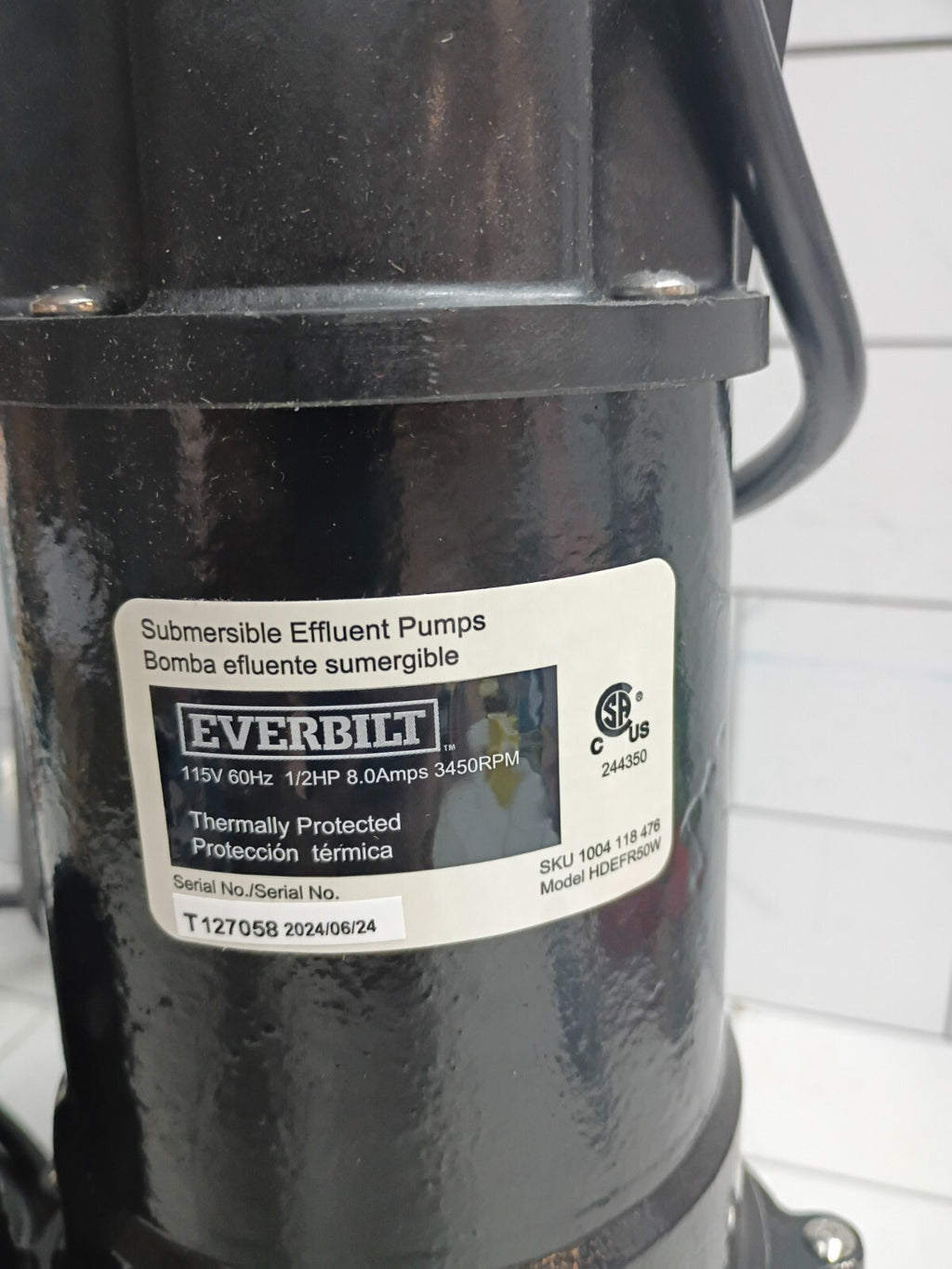 Everbilt HDEFR50W 1/2 HP Effluent Pump, Open Box,