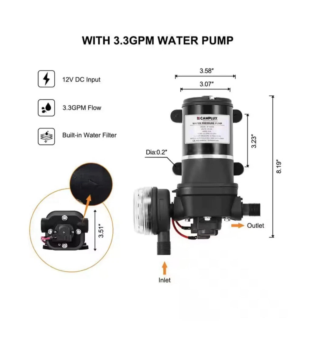 CAMPLUX 3.3 GPM 12V DC Water Pump, Pressure Water Pump with Strainer Filter