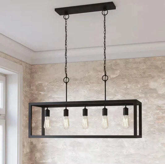 Hampton Bay Boswell Quarter 5-Light Black Industrial Linear Island Hanging