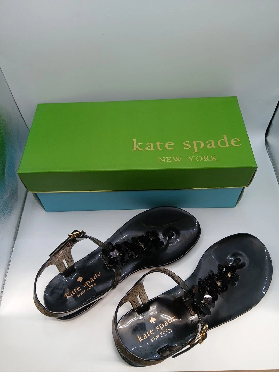 Kate Spade Black Sandals Women Size 5m Thong Style With Flower Detail