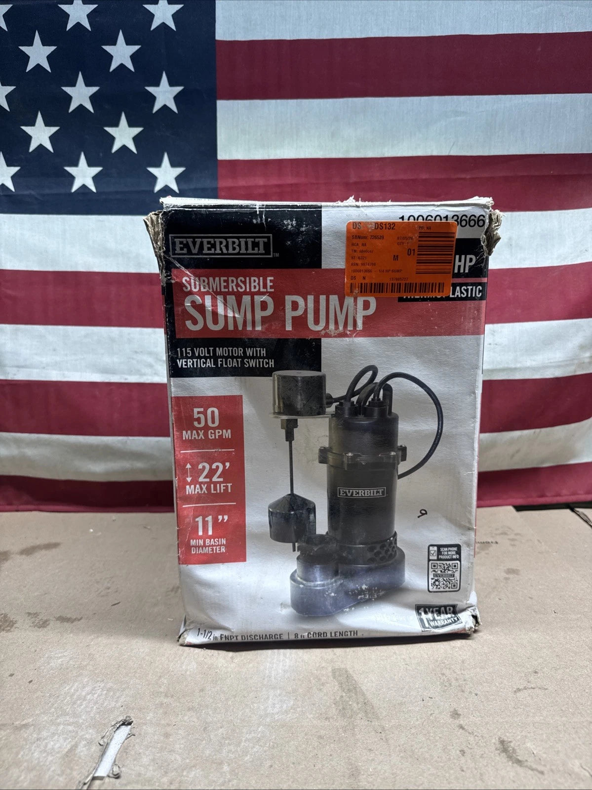 Everbilt HDSP25V 1/4 HP Aluminum Submersible Sump Pump Vertical Switch Open Box