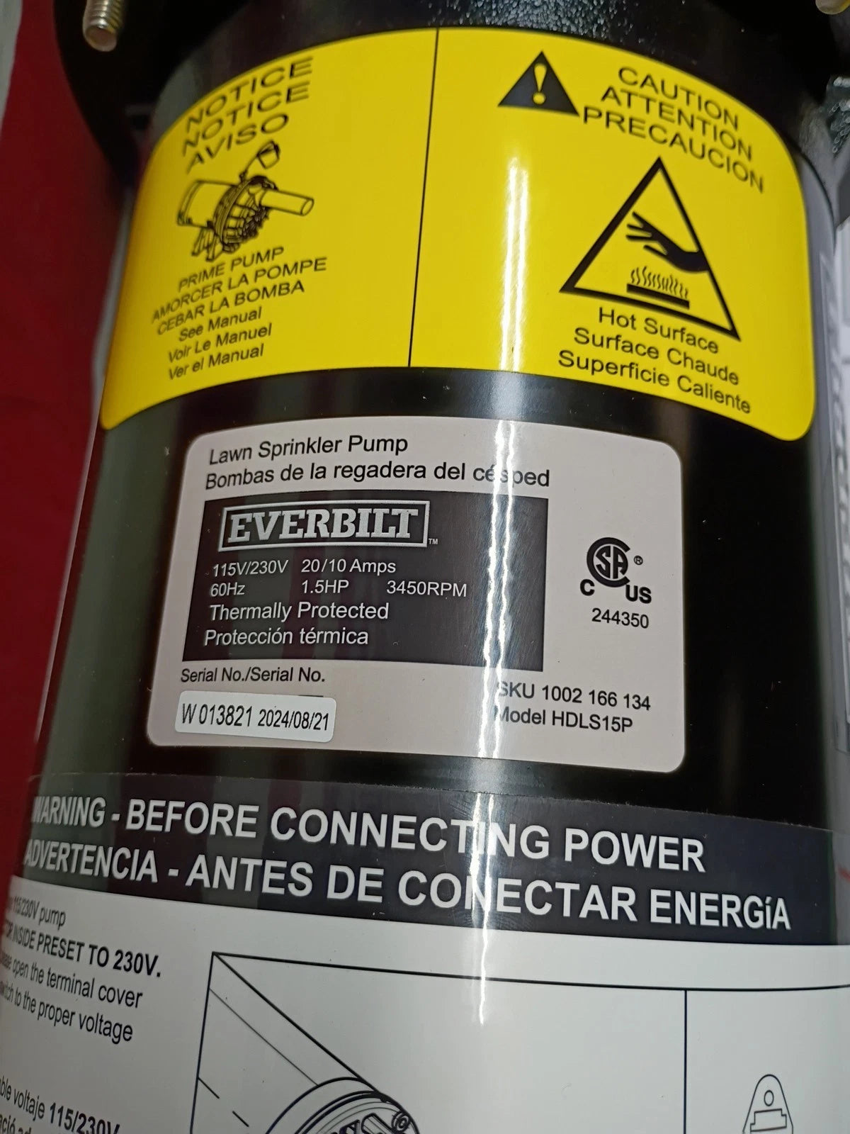 Everbilt HDLS15P, Lawn Irrigation Pump Plastic 1-1/2HP 52-GPM, Open Box,