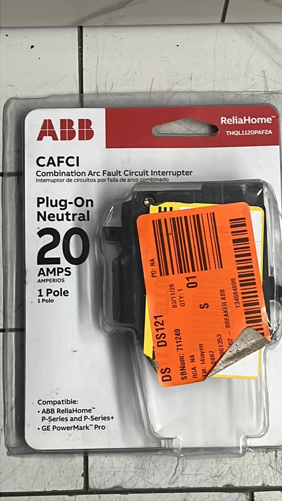3Pk ABB THQL1120PAF2 Q-line 20A 1-Pole AFCI Plug-On Neutral Circuit Breaker