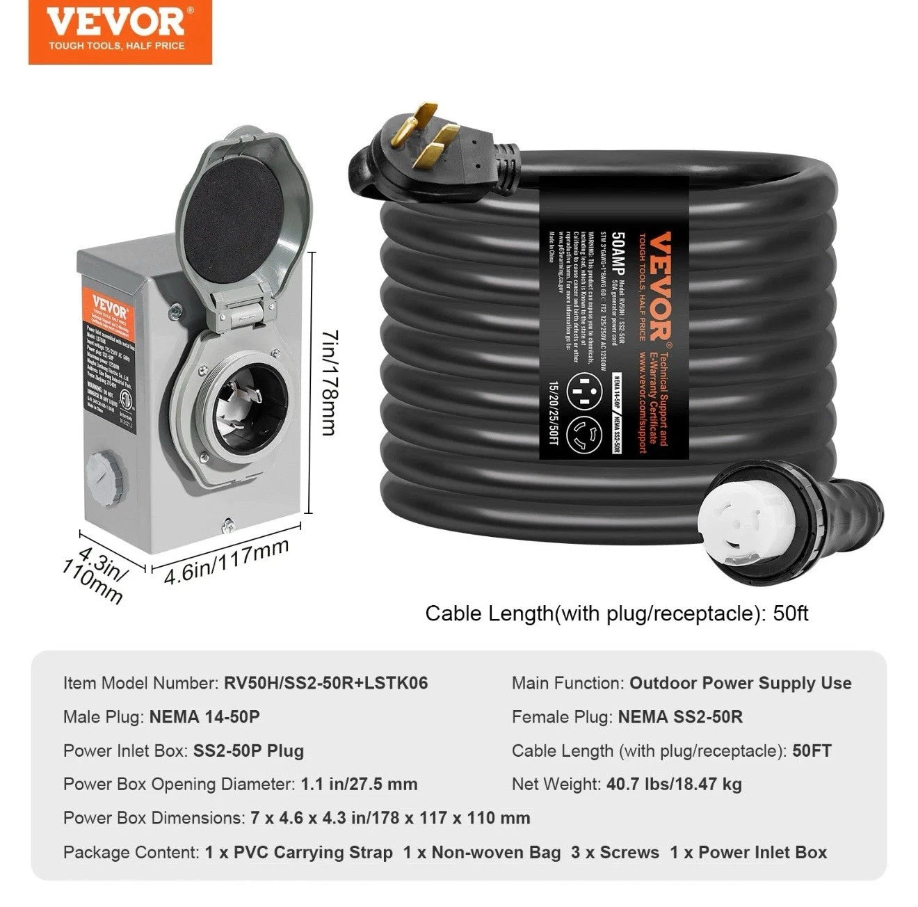 VEVOR 50 Amp Generator Cord and Power Inlet Box 50FT NEMA 14-50P/SS2-50R STW