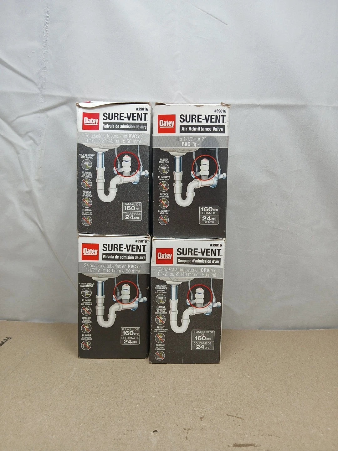 4pk Oatey 39016, Sure-Vent 1-1/2 in. x 2 in. PVC Air Admittance Valve New OB.