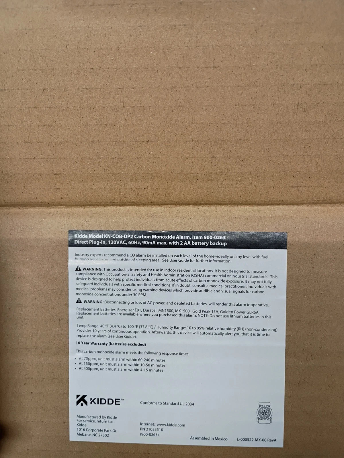 Kidde Carbon Monoxide Detector, Plug in Wall with AA Battery Backup, Test-Hush