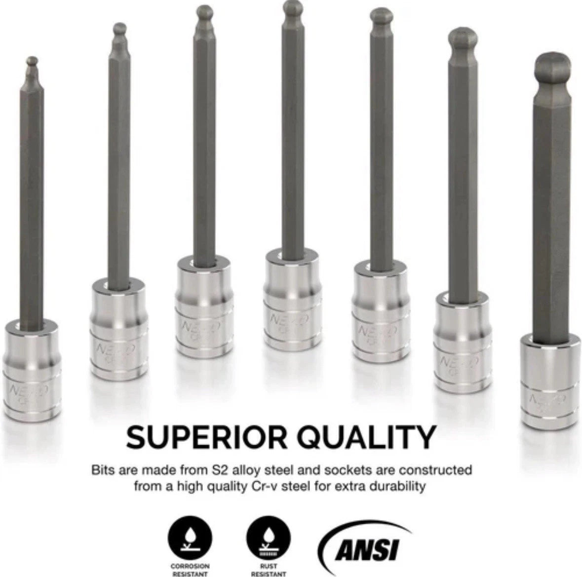 Neiko 10243A 3/8-Inch-Drive Extra-Long Ball-End Hex-Bit 7pc Allen Socket Set