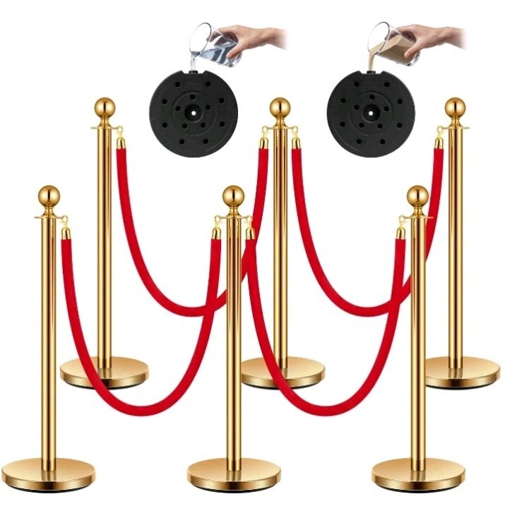 Uimoso 6-Piece Gold Stanchion Set with 6 Velvet Ropes, Hollow Base, Open Box