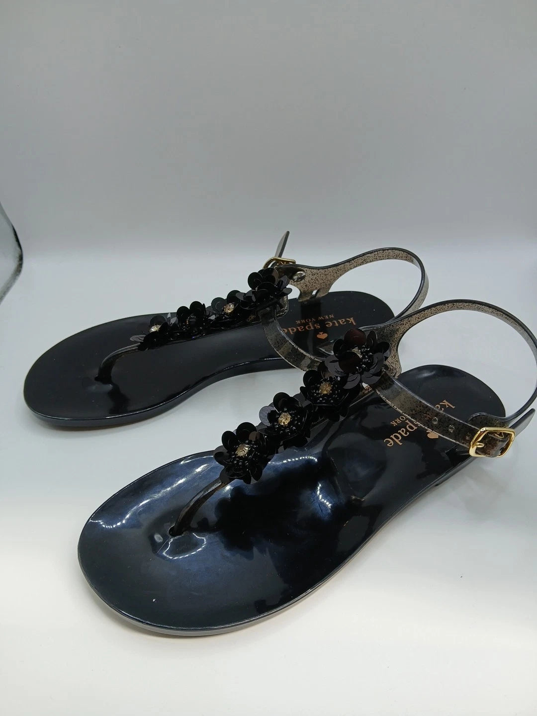 Kate Spade Black Sandals Women Size 6m Thong Style With Flower Detail