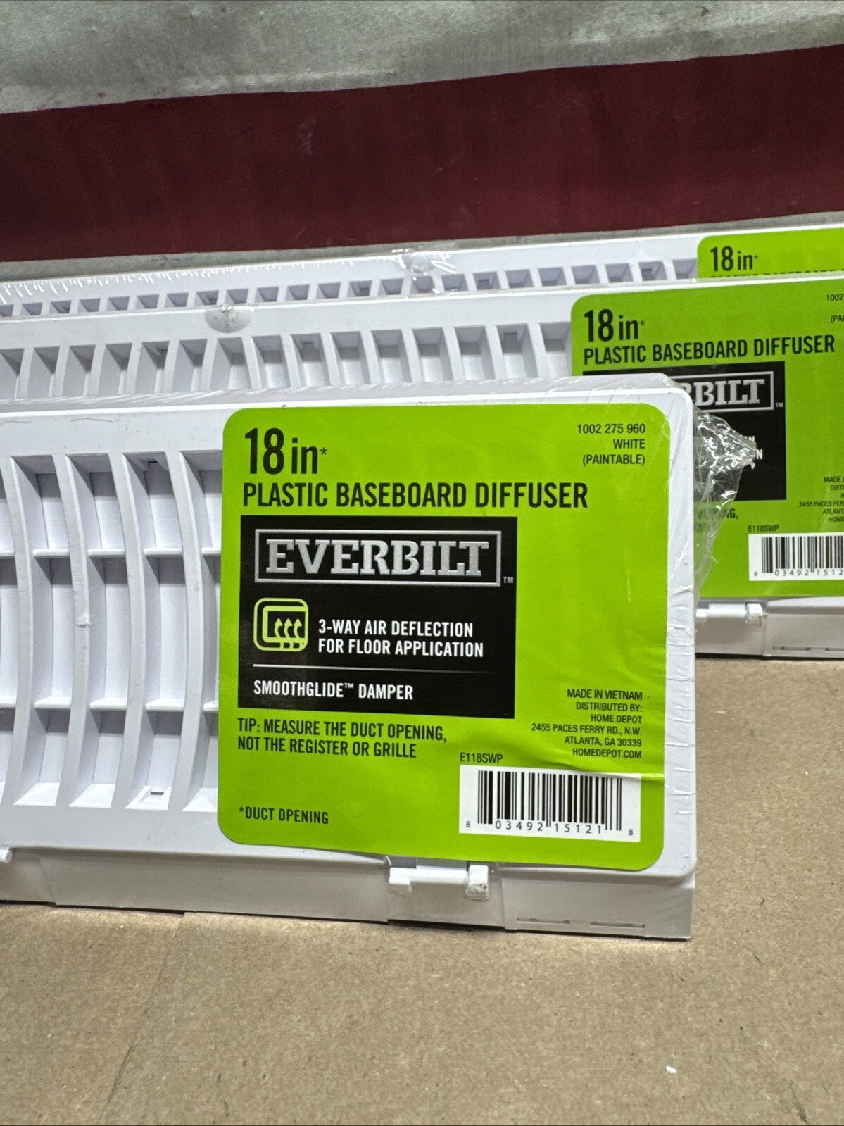 3PK Everbilt 18 in. 3-Way Plastic Baseboard Diffuser Supply - White.