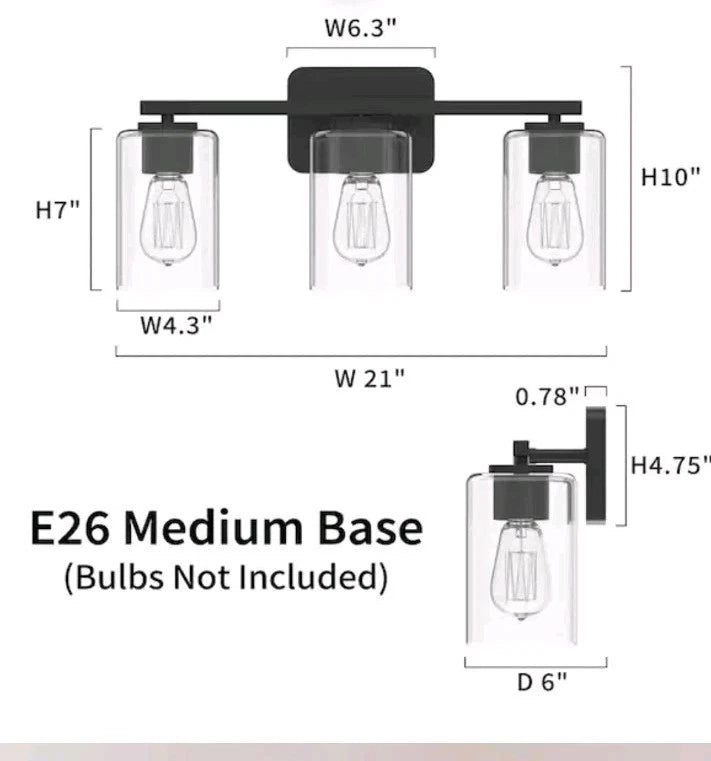 KAWOTI21 in. 3-Light Black Clemmon Vanity Light with Square Glass Shade