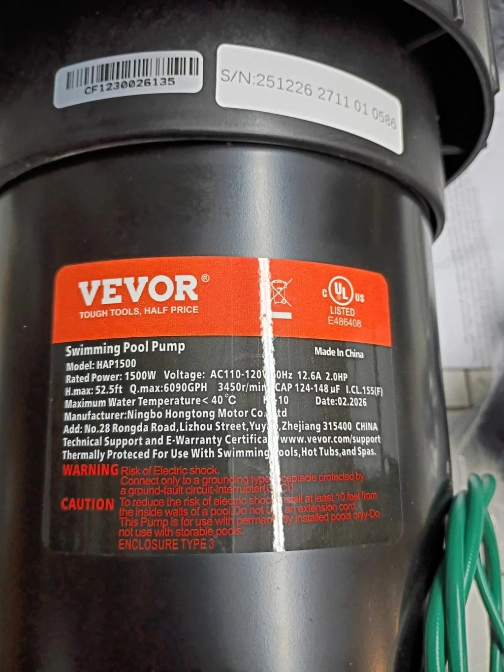 VEVOR Swimming Pool Pump 2.0HP 115V 1500W, for Above Ground#HAP1500 OPEN BOX