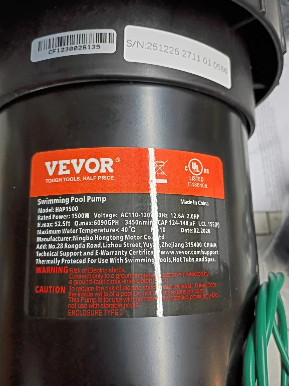 VEVOR Swimming Pool Pump 2.0HP 115V 1500W, for Above Ground#HAP1500 OPEN BOX