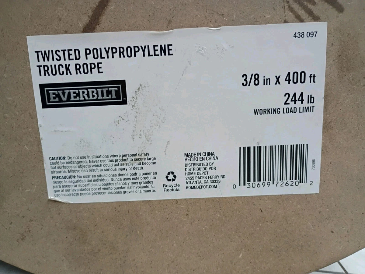 Everbilt 3/8" X 400' Black And Orange Polypropylene Rope 244lbs Limit Truck Rope
