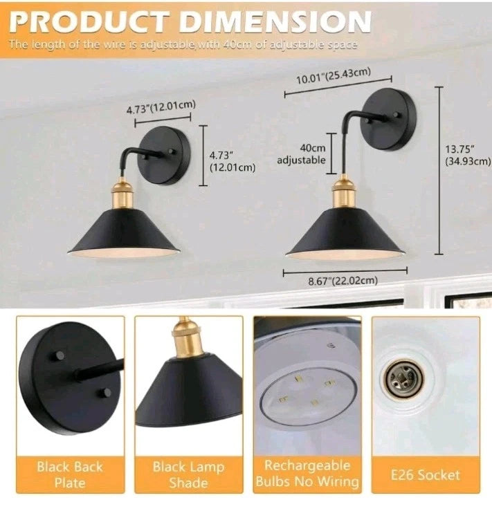 Uixe 8.8" Vintage Black Wireless Wall Lamp w/ Battery Operated Sconce Open Box