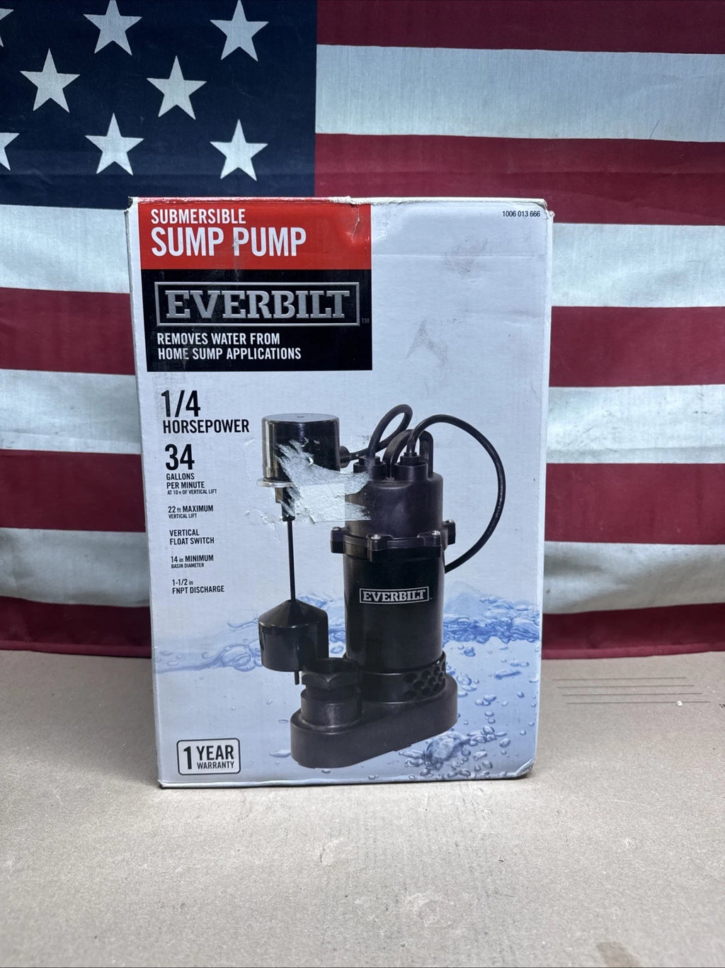 Everbilt HDSP25V 1/4 HP Aluminum Submersible Sump Pump Vertical Switch Open Box